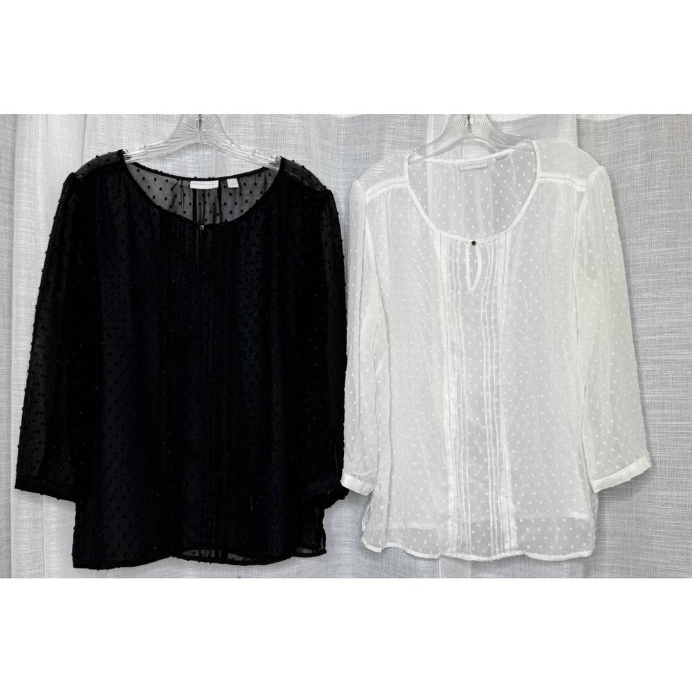 Set of 2 New York & Co Black White Sz Large Blouse Shirt Top Polka Dot Sheer